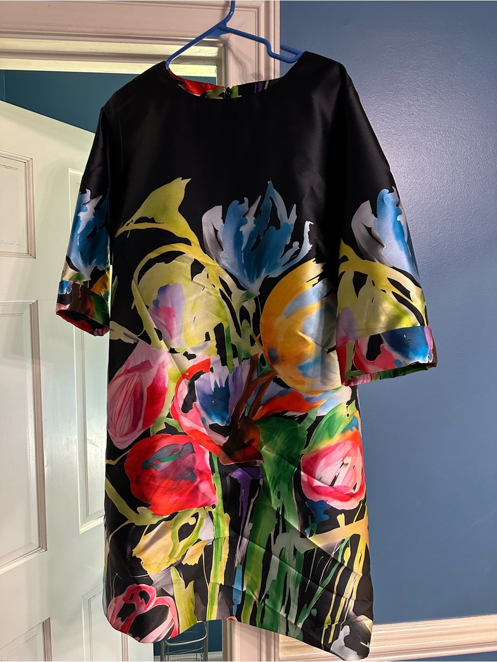 Black Floral Shift Dress with Multicolor Painterly Print